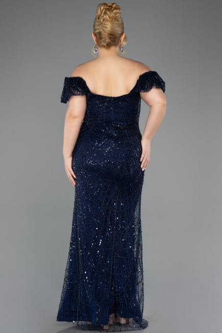 Robe de Soirée Grande Taille Longue Perlé Bleu Marine ABU5548