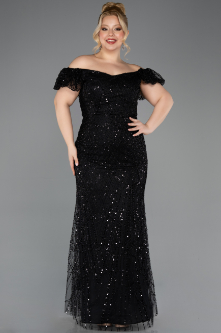 Robe de Soirée Grande Taille Longue Perlé Noir ABU5548