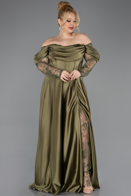 Robe Grande Taille Longue Satin Kaki ABU5261