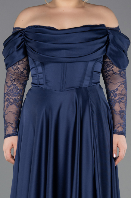 Robe Grande Taille Longue Satin Bleu Marine ABU5261