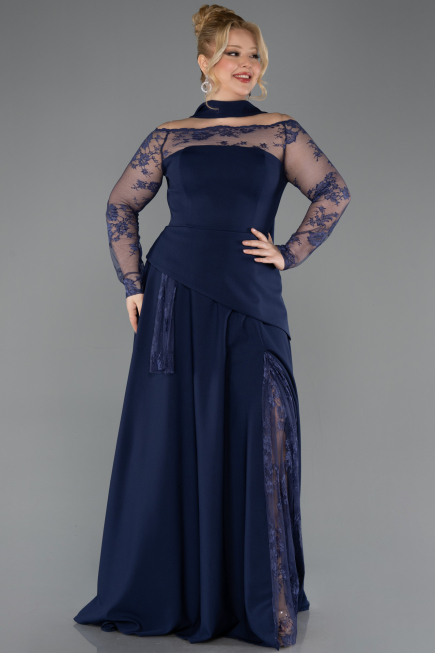 Robe de Soirée Grande Taille Longue Dantelle Bleu Marine ABU5657