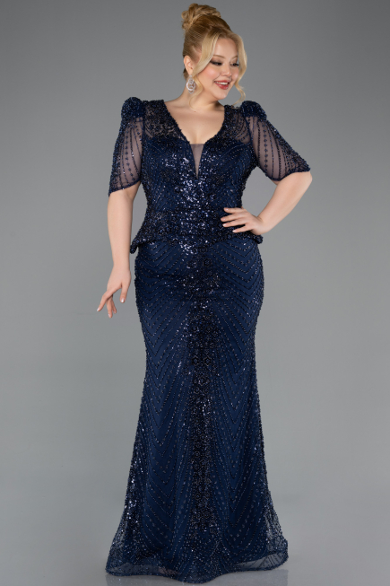 Robe De Soirée Grande Taille Longue Perlé Bleu Marine ABU5692