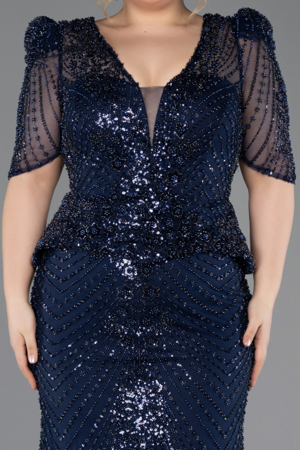 Robe De Soirée Grande Taille Longue Perlé Bleu Marine ABU5692