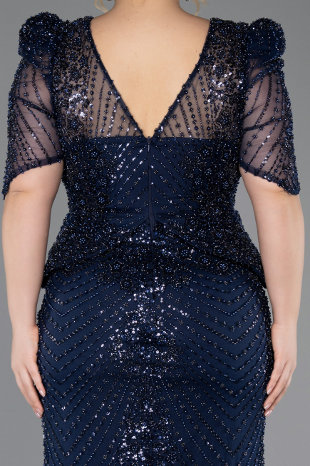 Robe De Soirée Grande Taille Longue Perlé Bleu Marine ABU5692