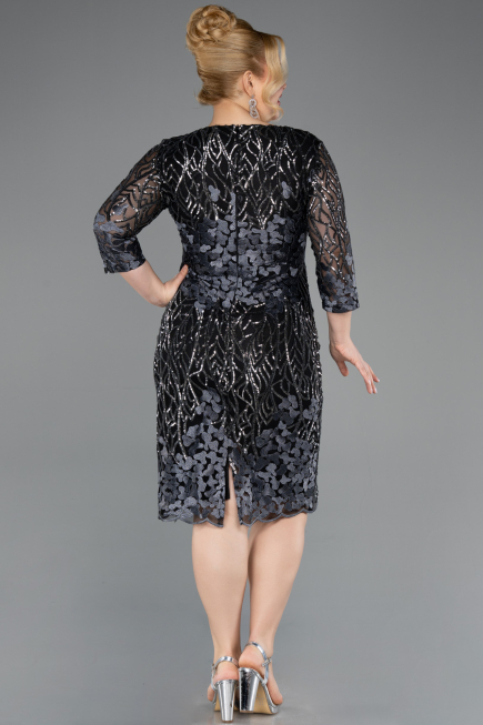 Robe de Soirée Grande Taille Courte Squameuse Noir-Anthracite ABK1284