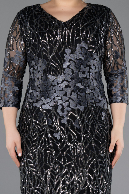 Robe de Soirée Grande Taille Courte Squameuse Noir-Anthracite ABK1284