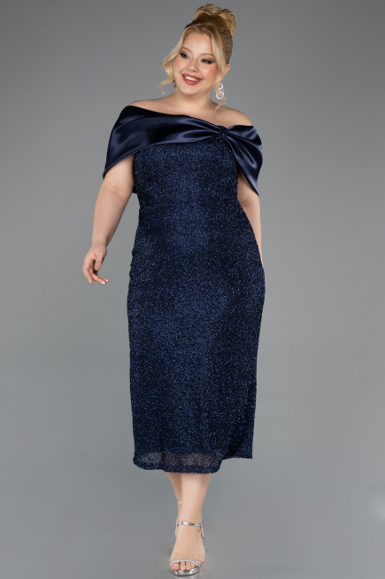 Robe De Invitation Grande Taille Midi Perlé Bleu Marine ABK2509