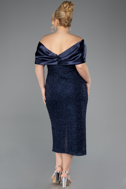 Robe De Invitation Grande Taille Midi Perlé Bleu Marine ABK2509
