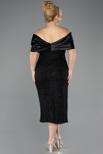 Robe De Invitation Grande Taille Midi Perlé Noir ABK2509