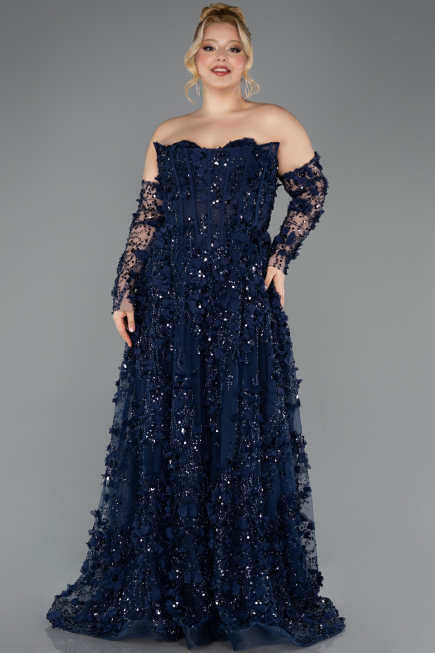 Robe De Fiançailles Grande Taille Longue Bleu Marine ABU5660
