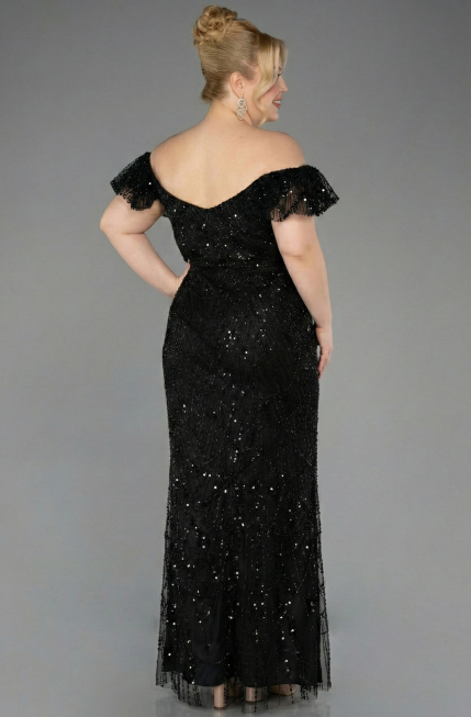 Robe de Soirée Grande Taille Longue Perlé Noir ABU5548