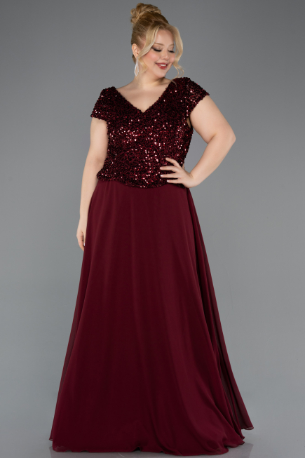 Robe de Soirée Grande Taille Longue Mousseline Rouge Bordeaux ABU5651