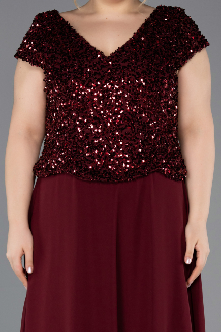 Robe de Soirée Grande Taille Longue Mousseline Rouge Bordeaux ABU5651