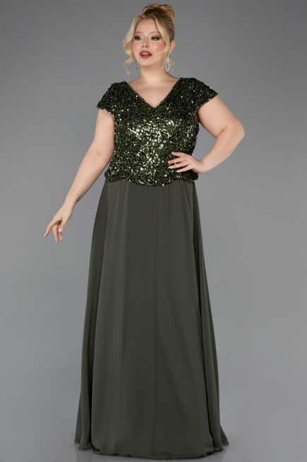 Robe de Soirée Grande Taille Longue Mousseline Kaki ABU5651