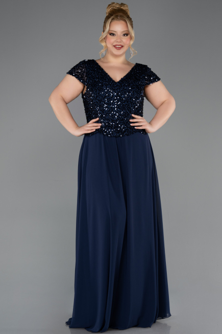 Robe de Soirée Grande Taille Longue Mousseline Bleu Marine ABU5651
