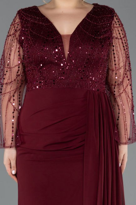 Robe de Soirée Grande Taille Longue Mousseline Rouge Bordeaux ABU5624