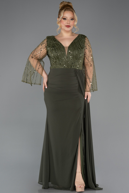 Robe de Soirée Grande Taille Longue Mousseline Kaki ABU5624