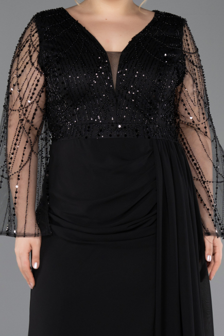 Robe de Soirée Grande Taille Longue Mousseline Noir ABU5624