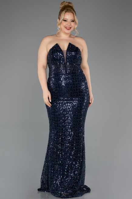 Robe De Soirée Grande Taille Longue Perlé Bleu Marine ABU5698