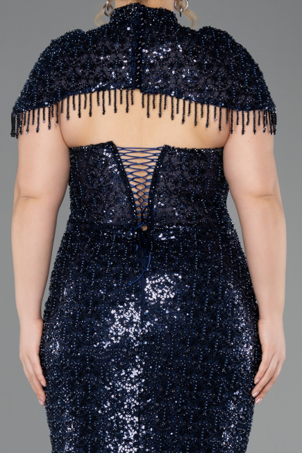 Robe De Soirée Grande Taille Longue Perlé Bleu Marine ABU5698