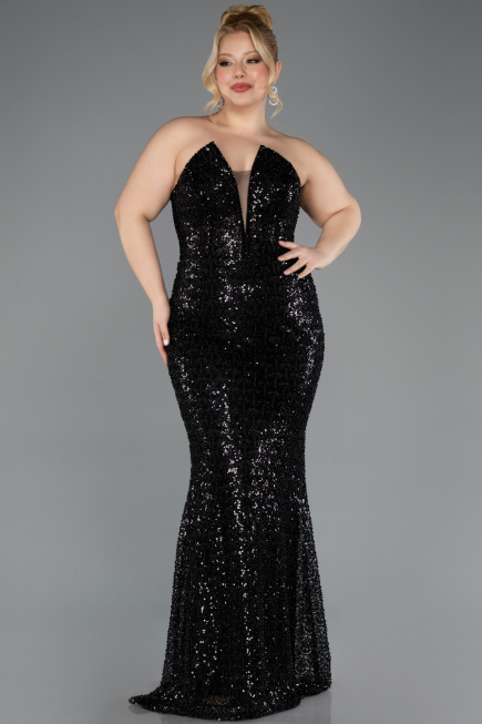 Robe De Soirée Grande Taille Longue Perlé Noir ABU5698