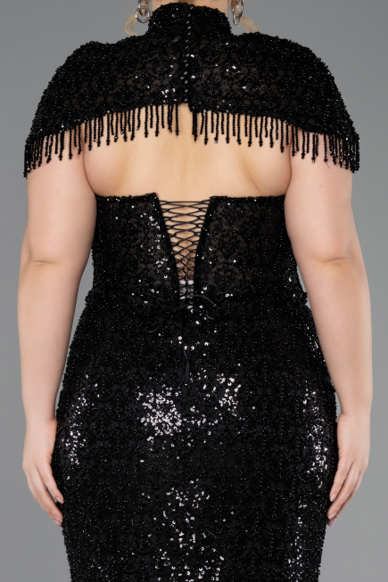 Robe De Soirée Grande Taille Longue Perlé Noir ABU5698
