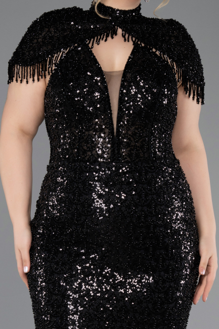 Robe De Soirée Grande Taille Longue Perlé Noir ABU5698