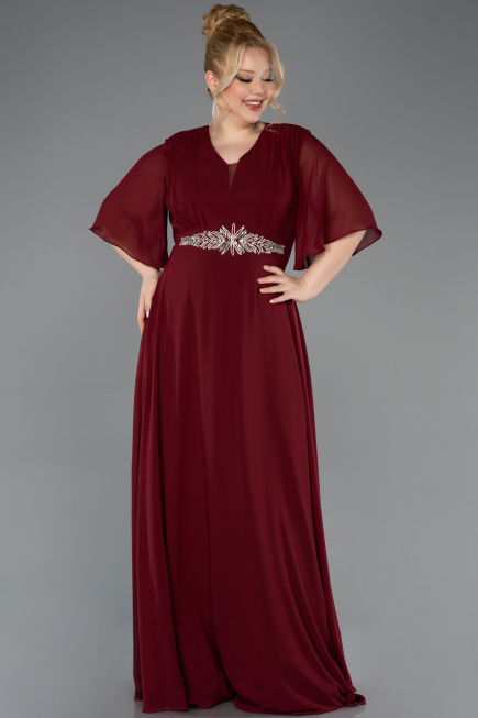 Robe de Soirée Grande Taille Longue Mousseline Rouge Bordeaux ABU5613