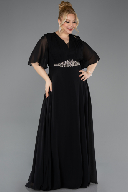 Robe de Soirée Grande Taille Longue Mousseline Noir ABU5613
