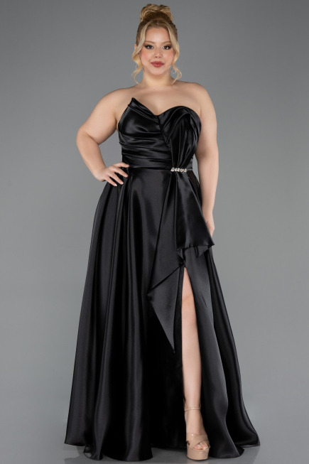 Robe de Soirée Grande Taille Longue Satin Noir ABU5650