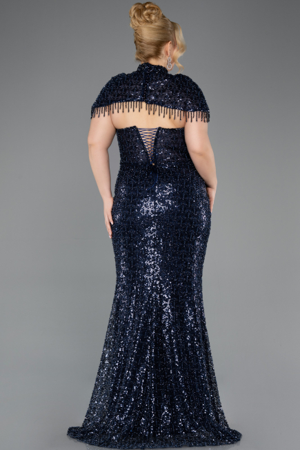 Robe De Soirée Grande Taille Longue Perlé Bleu Marine ABU5698