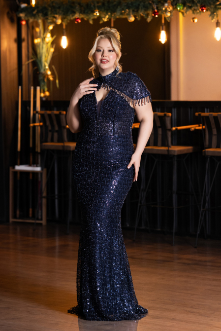 Robe De Soirée Grande Taille Longue Perlé Bleu Marine ABU5698