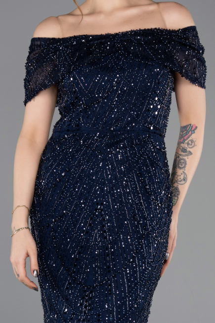 Robe de Soirée Longue Perlé Bleu Marine ABU5694