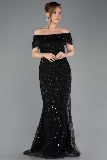 Robe de Soirée Longue Perlé Noir ABU5694