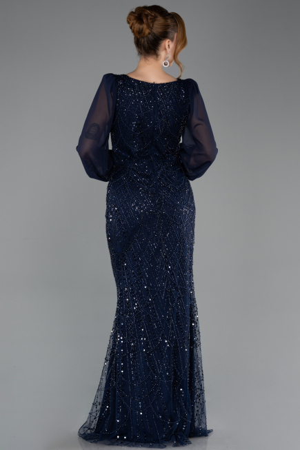 Robe de Soirée Longue Perlé Bleu Marine ABU5695