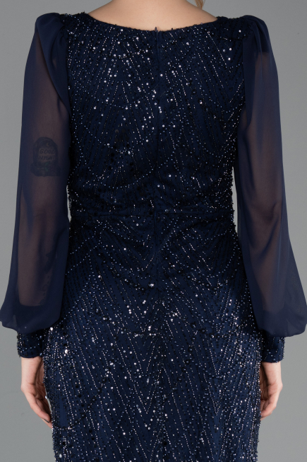 Robe de Soirée Longue Perlé Bleu Marine ABU5695