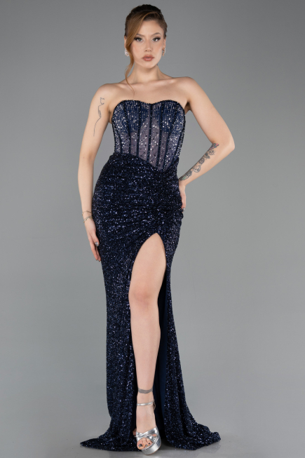 Robe de Soirée Longue Perlé Bleu Marine ABU5696