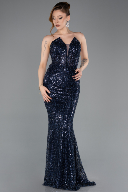 Robe Queue de Poisson Longue Perlé Bleu Marine ABU5697