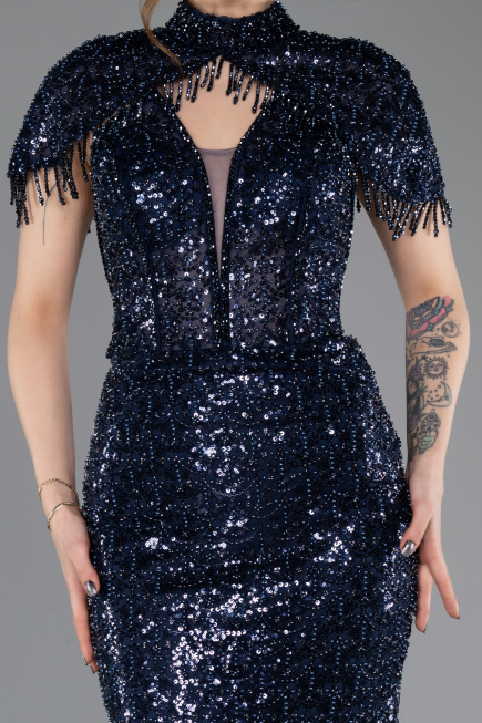Robe Queue de Poisson Longue Perlé Bleu Marine ABU5697