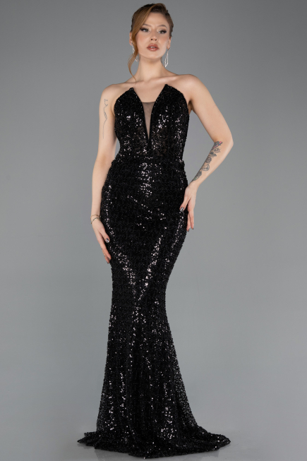 Robe Queue de Poisson Longue Perlé Noir ABU5697