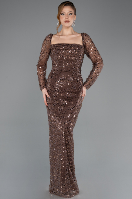 Robe de Soirée Longue Perlé Brun ABU5699