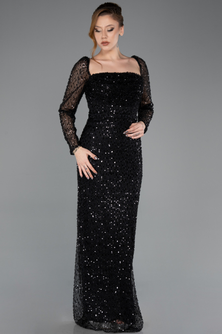 Robe de Soirée Longue Perlé Noir ABU5699