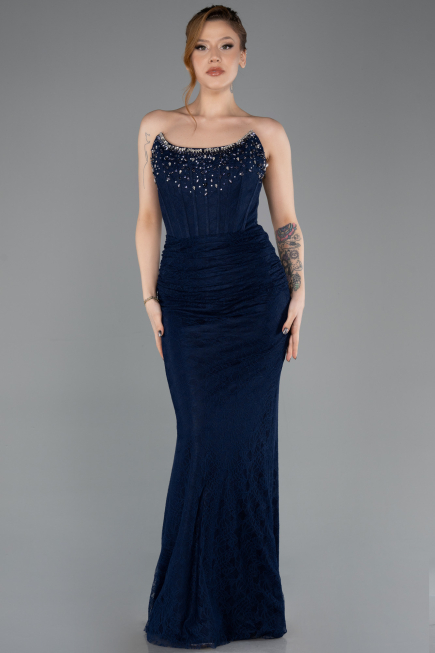 Robe de Soirée Longue Dantelle Bleu Marine ABU5717