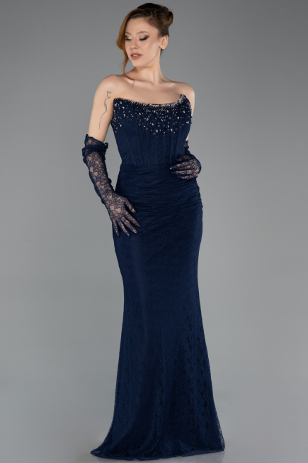 Robe de Soirée Longue Dantelle Bleu Marine ABU5717