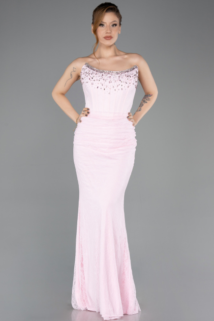 Robe de Soirée Longue Dantelle Poudre ABU5717