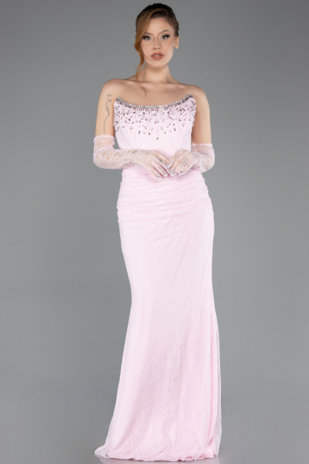 Robe de Soirée Longue Dantelle Poudre ABU5717