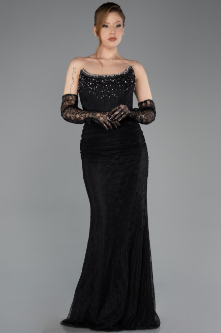 Robe de Soirée Longue Dantelle Noir ABU5717