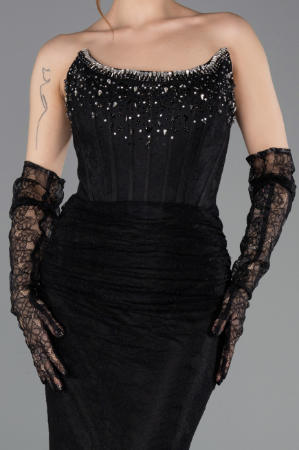 Robe de Soirée Longue Dantelle Noir ABU5717