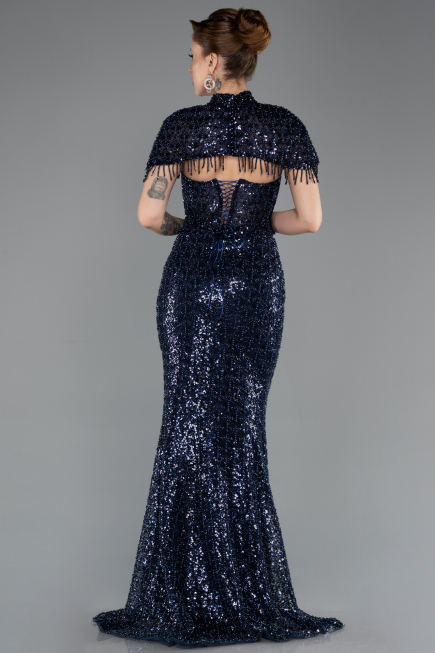 Robe Queue de Poisson Longue Perlé Bleu Marine ABU5697