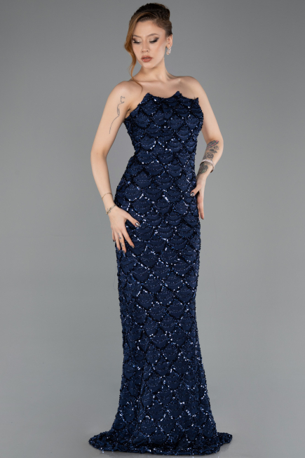 Robe de Soirée Longue Squameuse Bleu Marine ABU5701